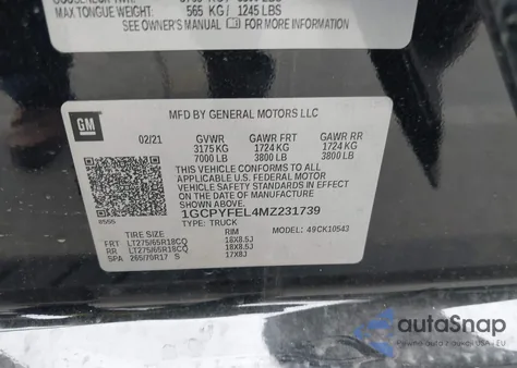 2021 Chevrolet Silverado 1500 4Wd Short Bed Lt Trail Boss из США, поврежденный, VIN 1GCPYFEL4MZ231739